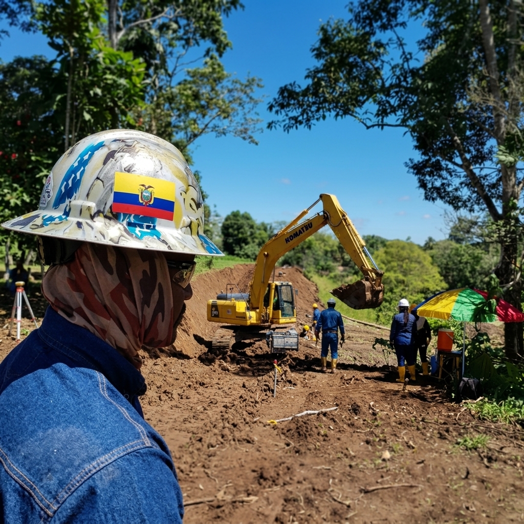 Operario con bandera de Ecuador supervisando excavaciones