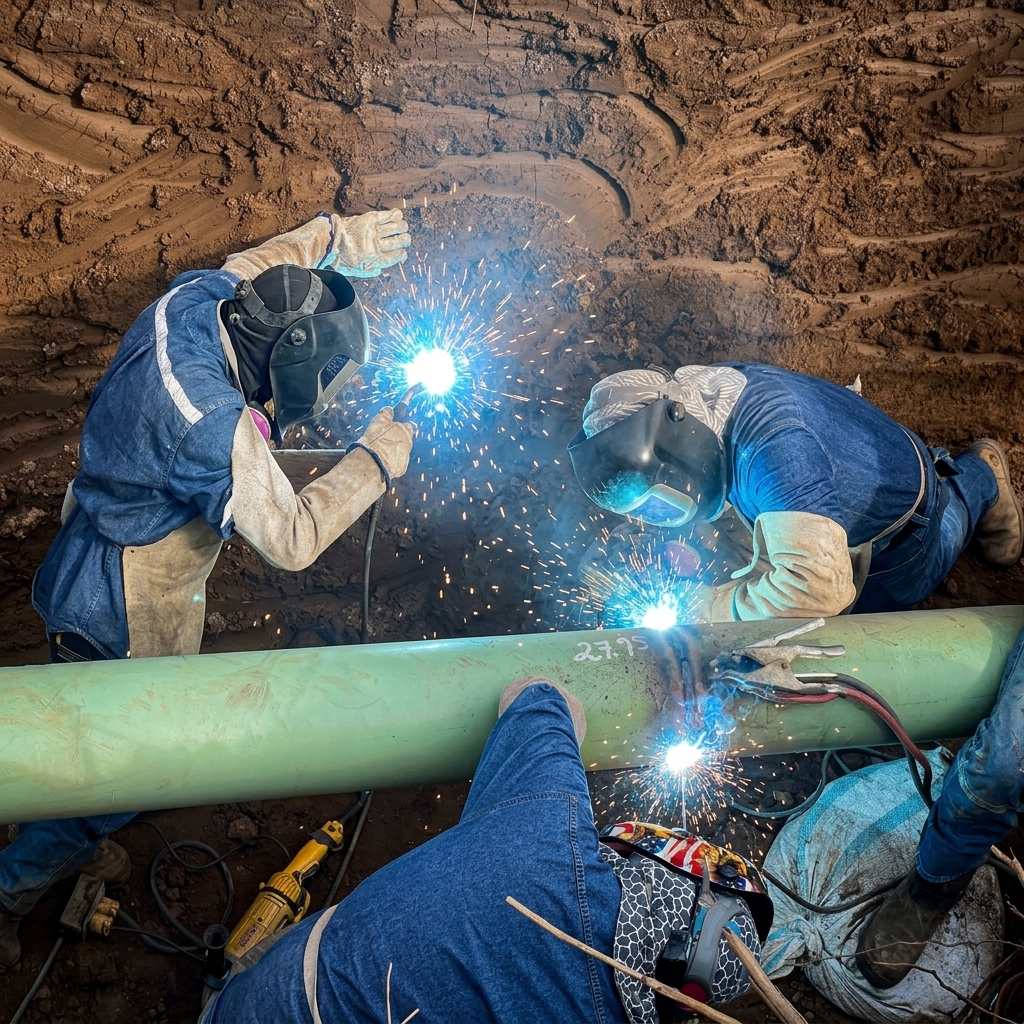 Proceso de soldadura de tuberías por operarios especializados en zanja